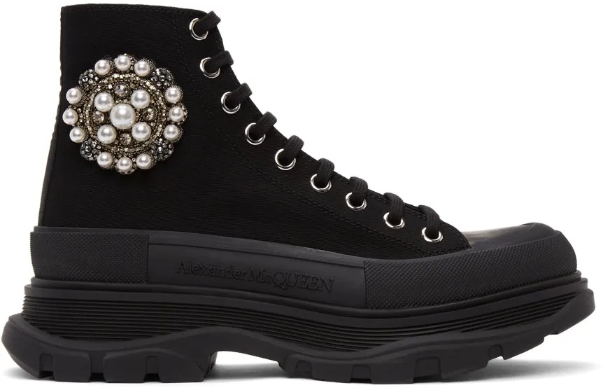 Alexander McQueen Black Canvas Pearl Tread Slick Boots