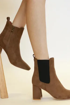 Beast Fashion Faux Suede Block Heel Chelsea Boots with Elastic Side Panel WH