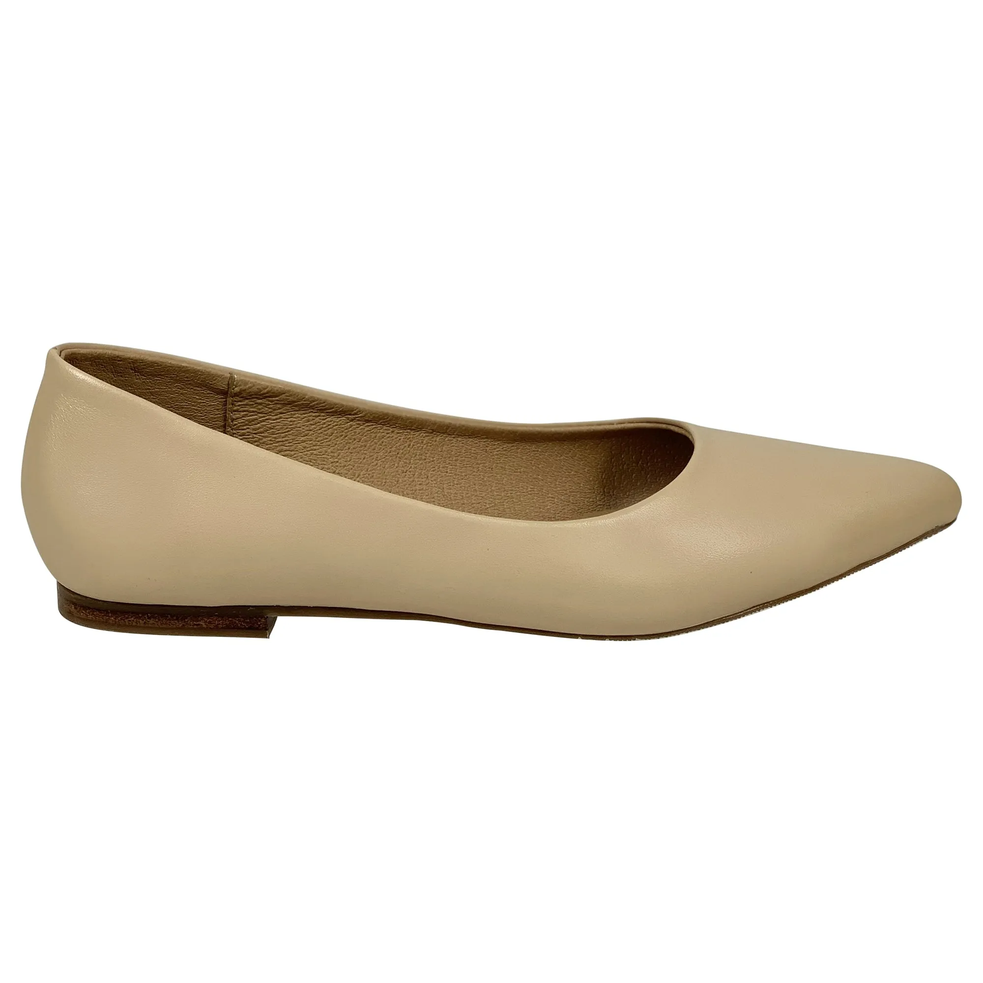 Beige Leather Pointed Toe Flat Memory Foam Cushion