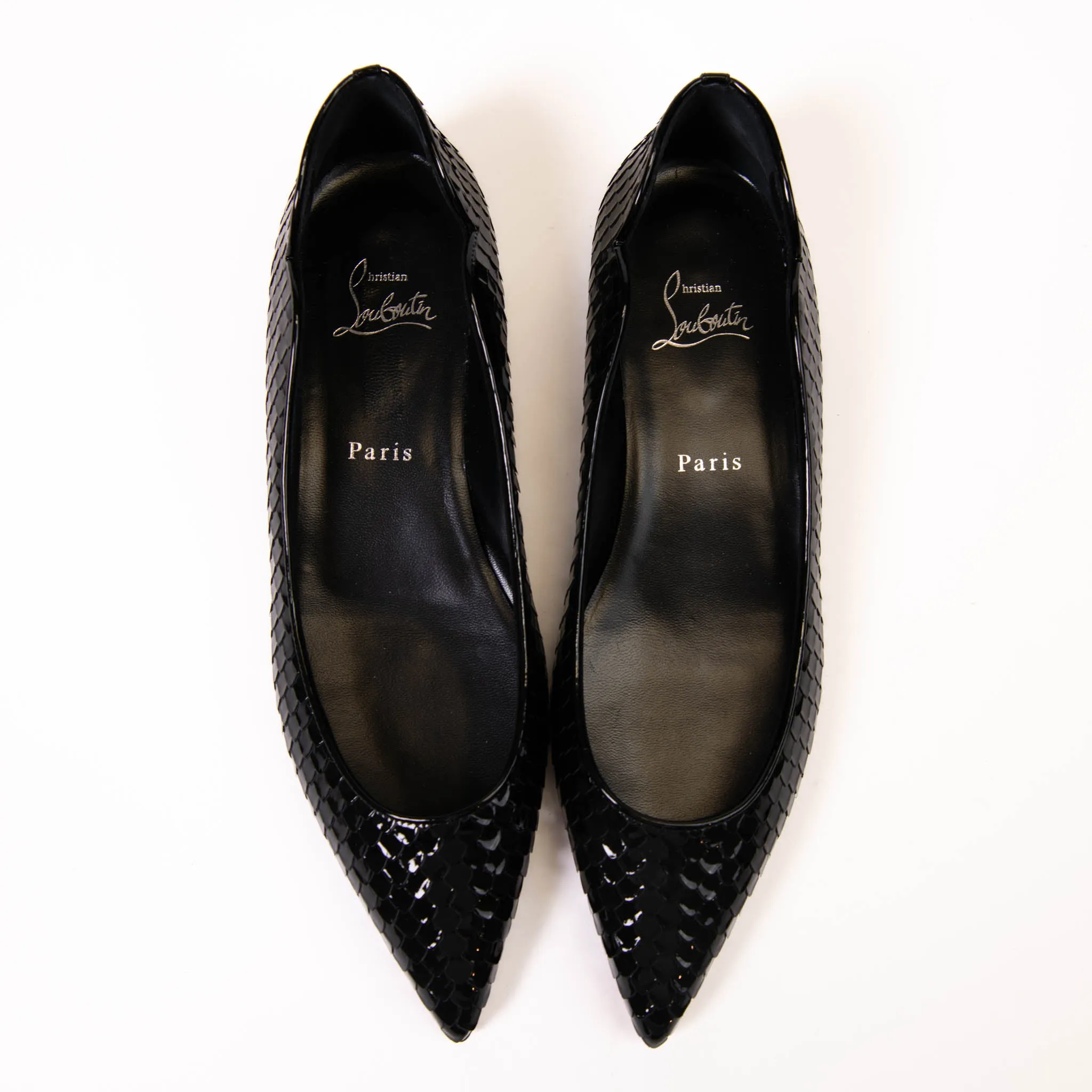 Christian Louboutin Black Patent Snakeskin Embossed Hot Chickita Flats 39