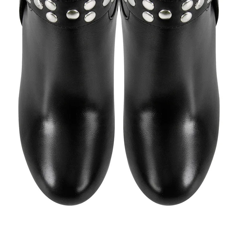 Chunky Heel Rivet Round Toe Leder boots