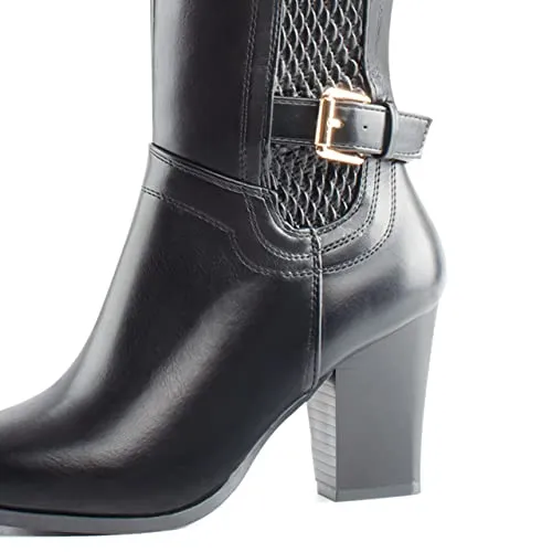 DCMBLY Knee High Boots Women Chunky Heel Almoud Toes Full Side Zipper Boots with Super Elasticity Embroidering Shrinked PU