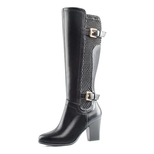 DCMBLY Knee High Boots Women Chunky Heel Almoud Toes Full Side Zipper Boots with Super Elasticity Embroidering Shrinked PU