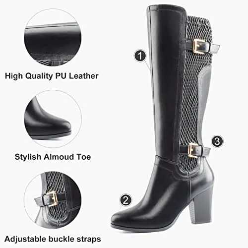 DCMBLY Knee High Boots Women Chunky Heel Almoud Toes Full Side Zipper Boots with Super Elasticity Embroidering Shrinked PU