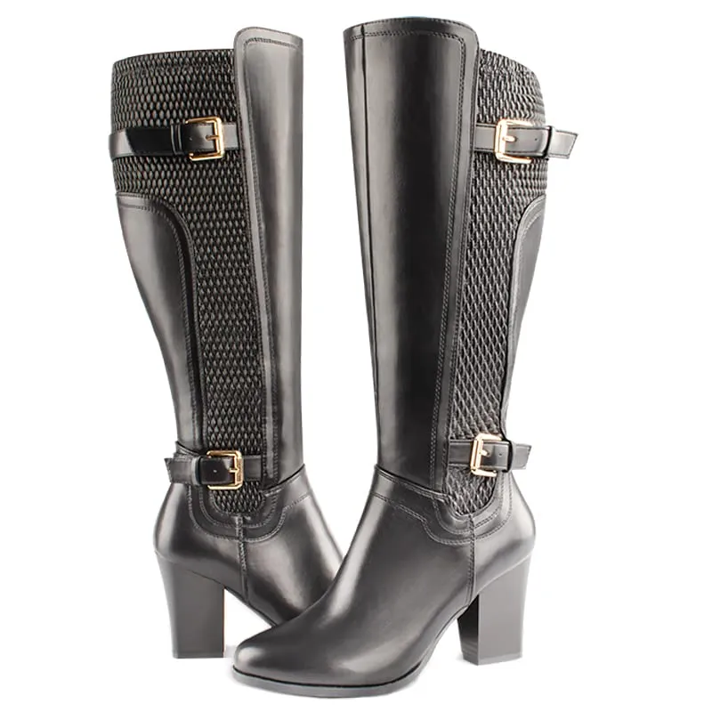 DCMBLY Knee High Boots Women Chunky Heel Almoud Toes Full Side Zipper Boots with Super Elasticity Embroidering Shrinked PU
