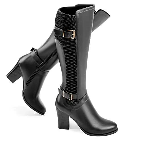 DCMBLY Knee High Boots Women Chunky Heel Almoud Toes Full Side Zipper Boots with Super Elasticity Embroidering Shrinked PU
