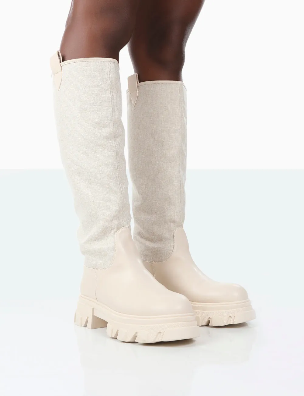 Genius Ecru PU Knee High Linen Chunky Sole Boots