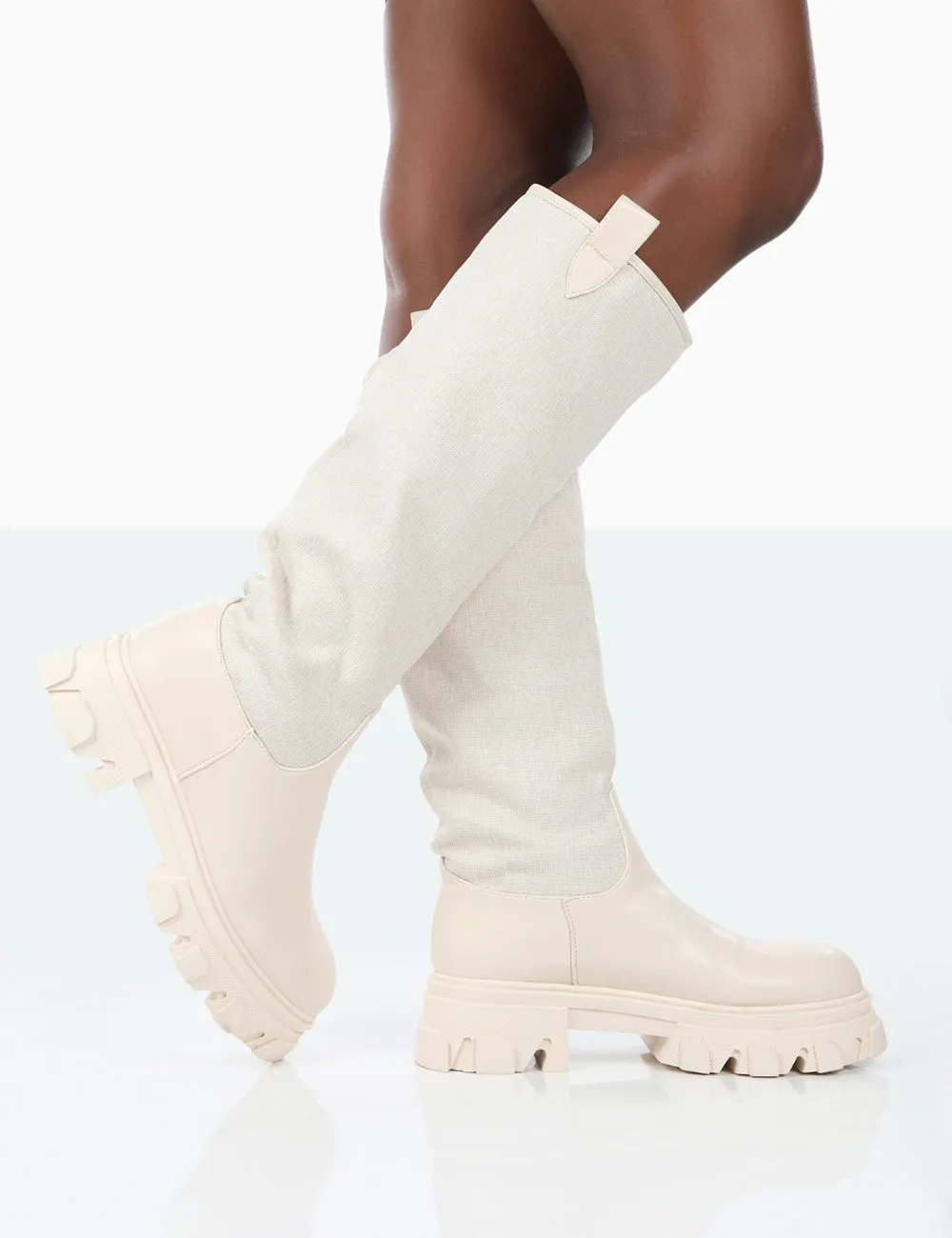 Genius Ecru PU Knee High Linen Chunky Sole Boots