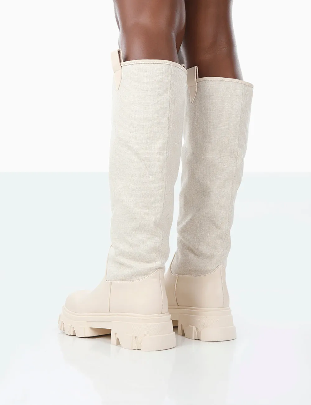 Genius Ecru PU Knee High Linen Chunky Sole Boots