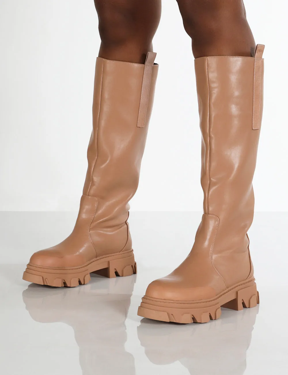 Genius Wide Fit Tan Knee High Chunky Sole Boots