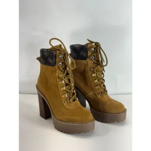 GUESS Women's Medium Brown Kelyna Lace-Up Lug-Sole Platform Booties SZ 7