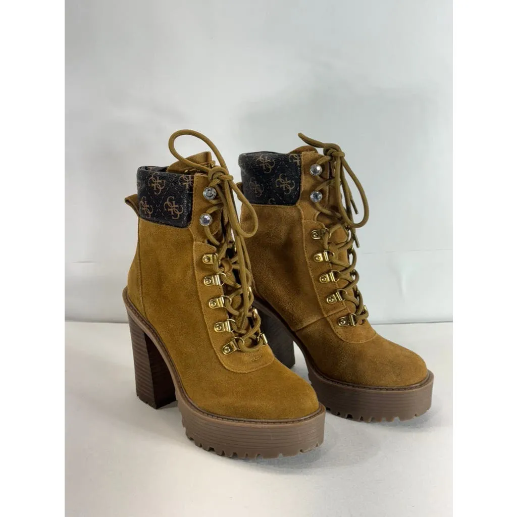 GUESS Women's Medium Brown Kelyna Lace-Up Lug-Sole Platform Booties SZ 7