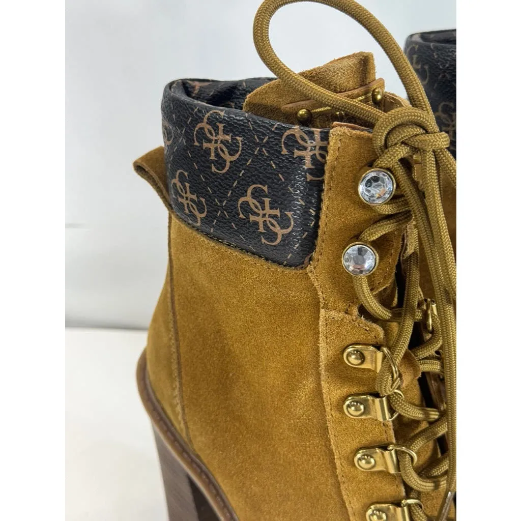 GUESS Women's Medium Brown Kelyna Lace-Up Lug-Sole Platform Booties SZ 7