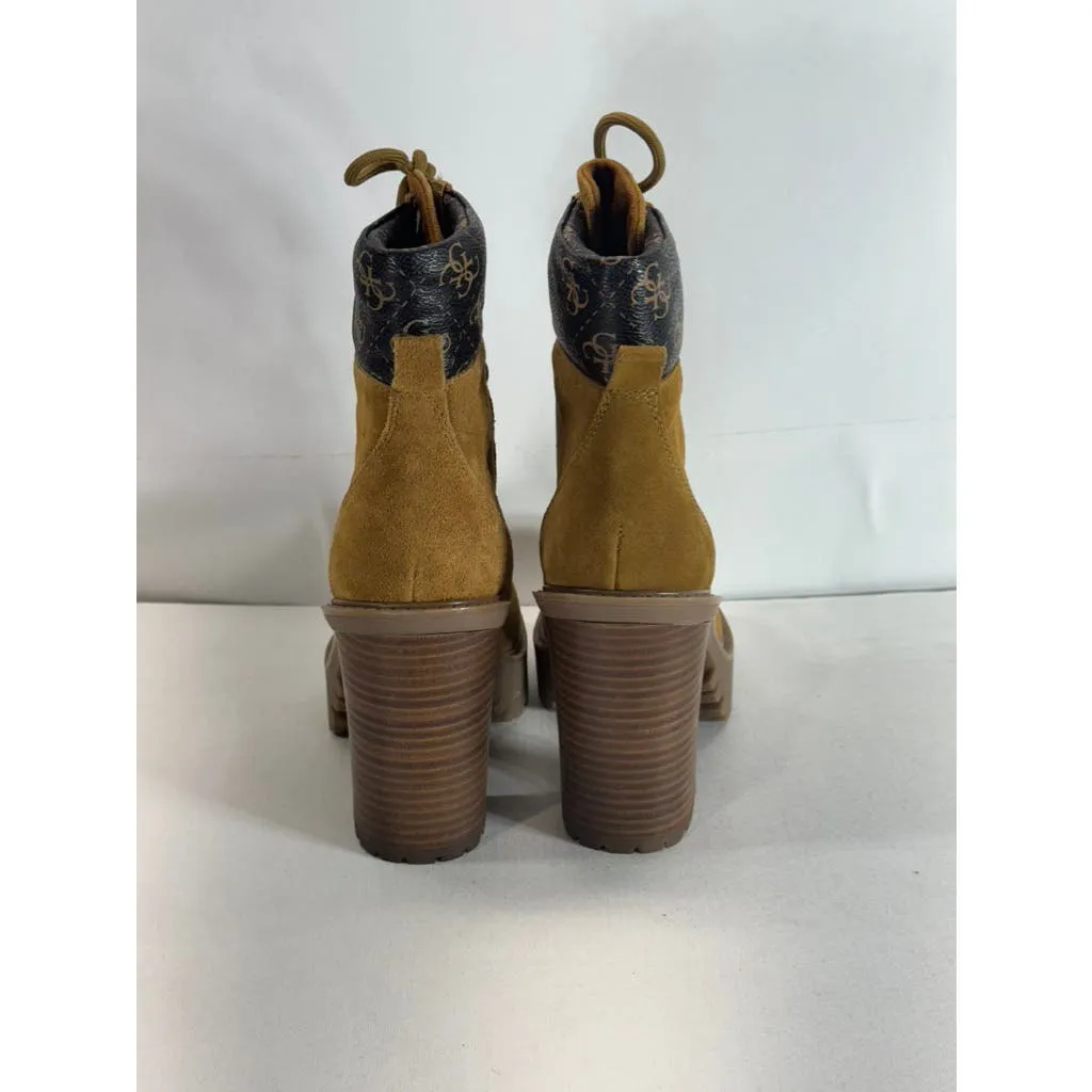 GUESS Women's Medium Brown Kelyna Lace-Up Lug-Sole Platform Booties SZ 7