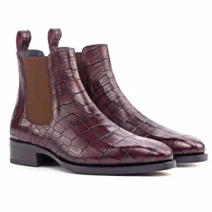Handmade Bespoke Burgdundy Crocodile Pattern Leather Chelsea Boots For Men