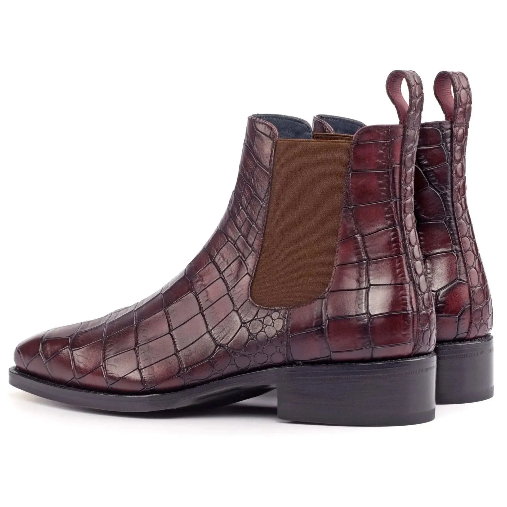 Handmade Bespoke Burgdundy Crocodile Pattern Leather Chelsea Boots For Men