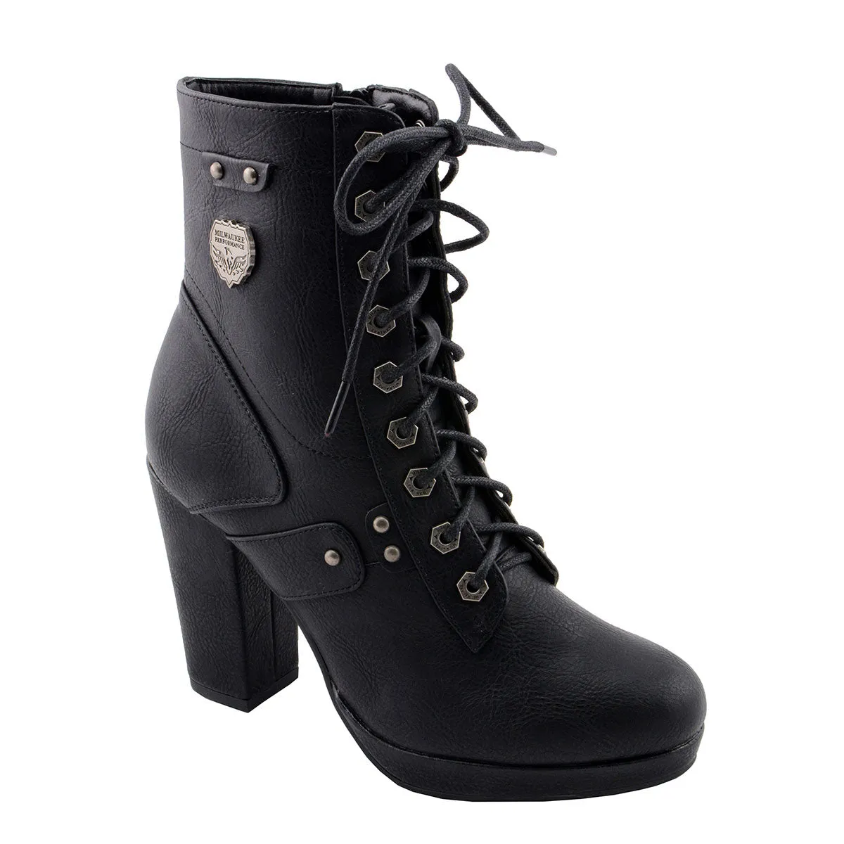 MBL9418 Women's Black Lace-Up Platform Boots with Studded Accents