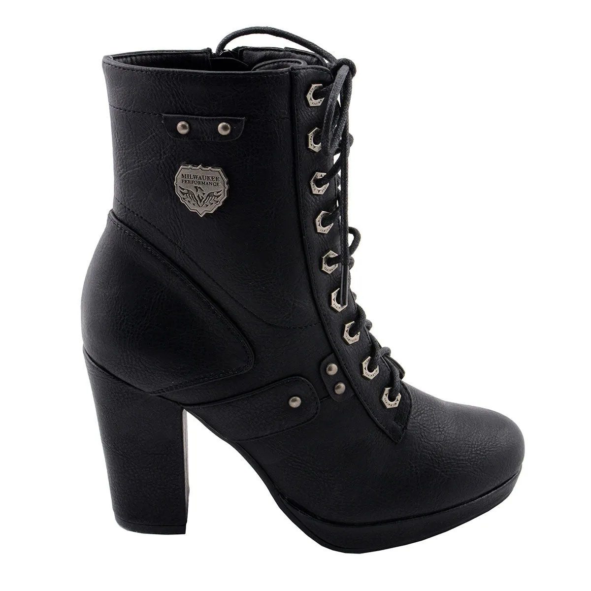 MBL9418 Women's Black Lace-Up Platform Boots with Studded Accents