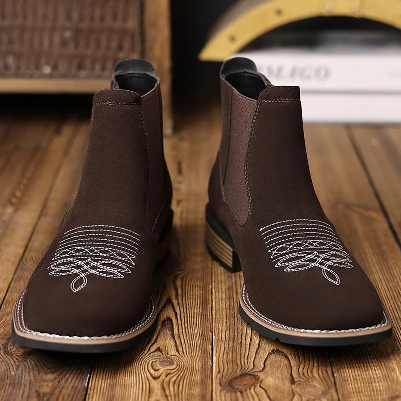 Men's Leather Retro Embroidered Suede Chelsea Boots
