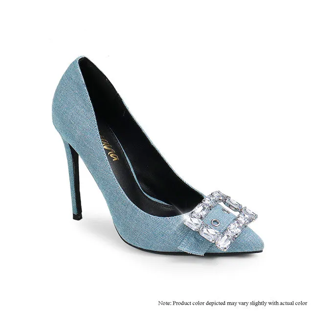 SCANDALOUS-24 SQUARE BUCKLE DENIM WASHED PUMP - PINK