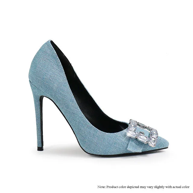 SCANDALOUS-24 SQUARE BUCKLE DENIM WASHED PUMP - PINK