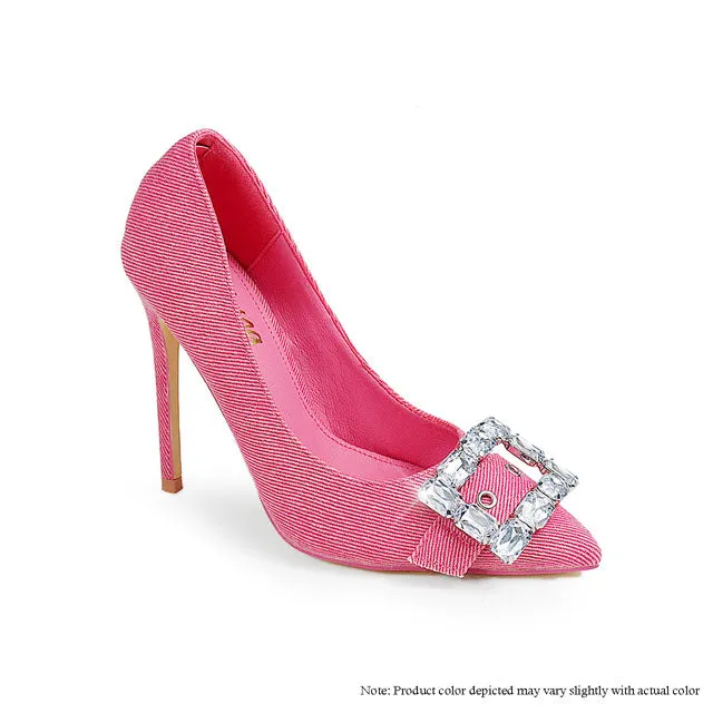 SCANDALOUS-24 SQUARE BUCKLE DENIM WASHED PUMP - PINK