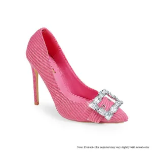 SCANDALOUS-24 SQUARE BUCKLE DENIM WASHED PUMP - PINK