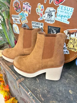 Tan platform faux suede booties