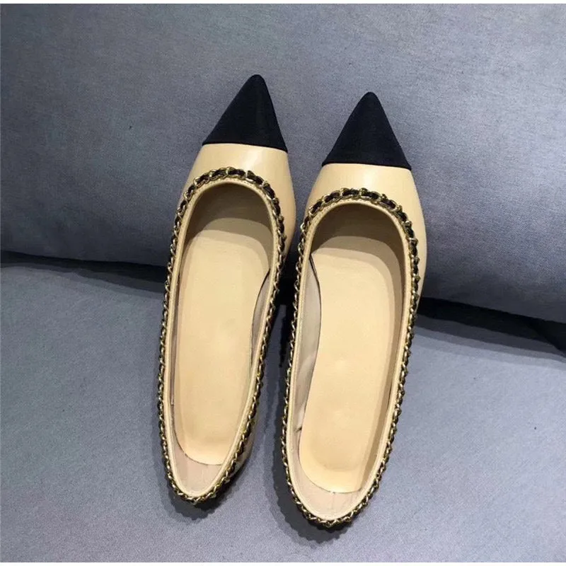 Women Fashion Flats Shoes Genuine Leather Pointed Toe Mixed Color Females Single Shoes Shallow Metal Chain Classic luxury brand