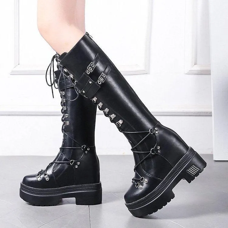 Women's High-Barrel PU Knight Boots - Height Increase