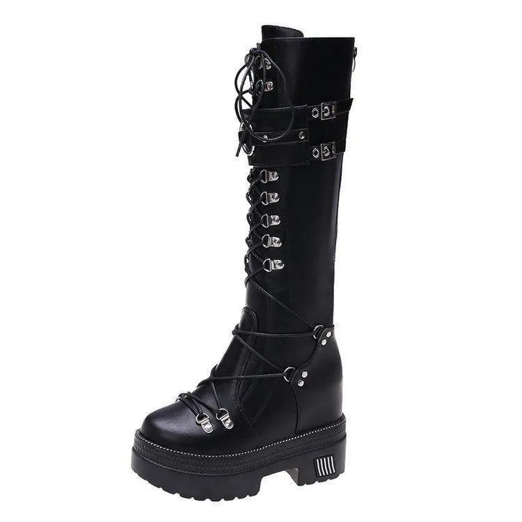 Women's High-Barrel PU Knight Boots - Height Increase
