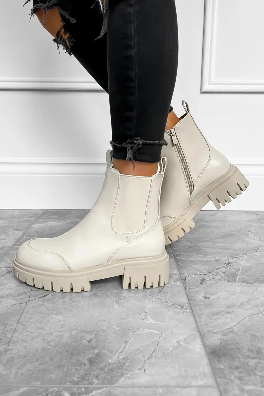 WYNTER Chunky Sole Ankle Boots - Beige PU